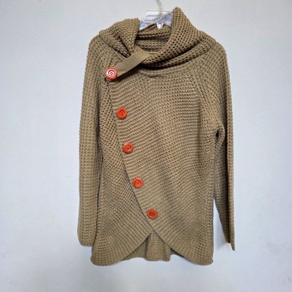 Grecerelle Tan Cowl Neck Knit Sweater with Orange Accents Button Size M.